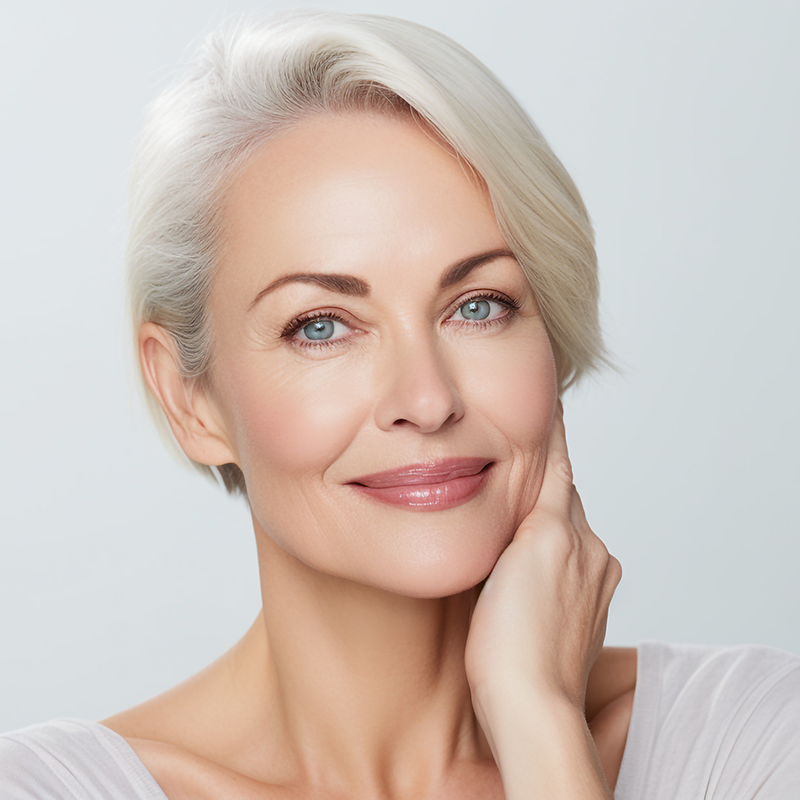 Middle-aged woman fresh face beautiful glowing healthy skin