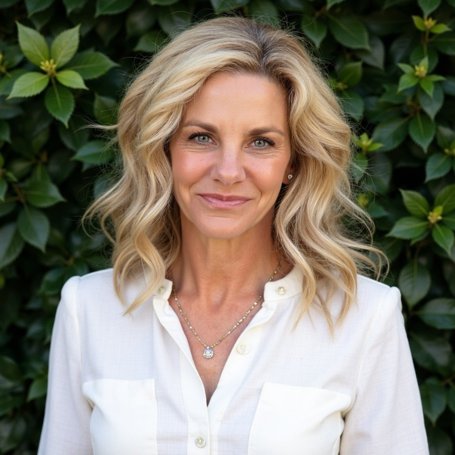 Portrait of a smiling blonde woman in a white blouse, with leafy green background behind her.