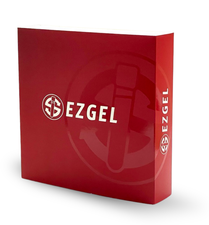 Red EZGEL product box with white logo, angled perspective showing the packaging design
