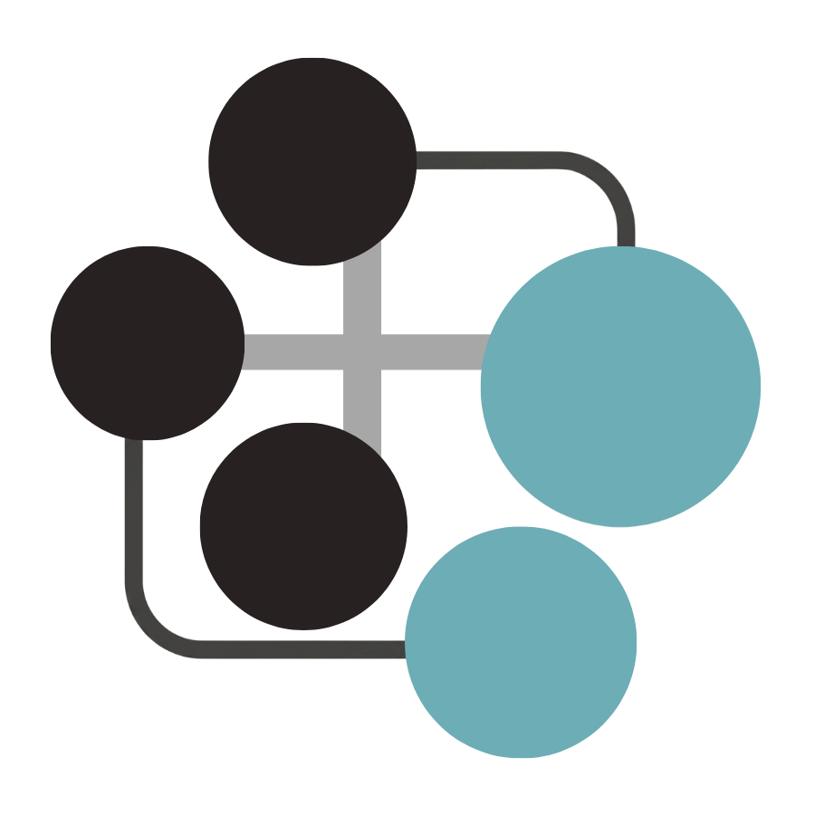 Abstract network diagram: five circular nodes connected by a rounded square frame; three dark circles and two teal circles.