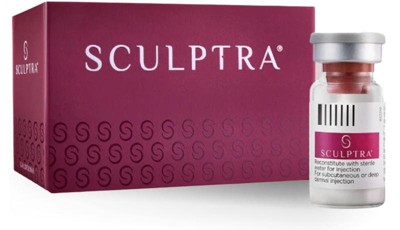 Box of Sculptra beside a labeled vial, indicating a dermal filler product for subcutaneous injections.