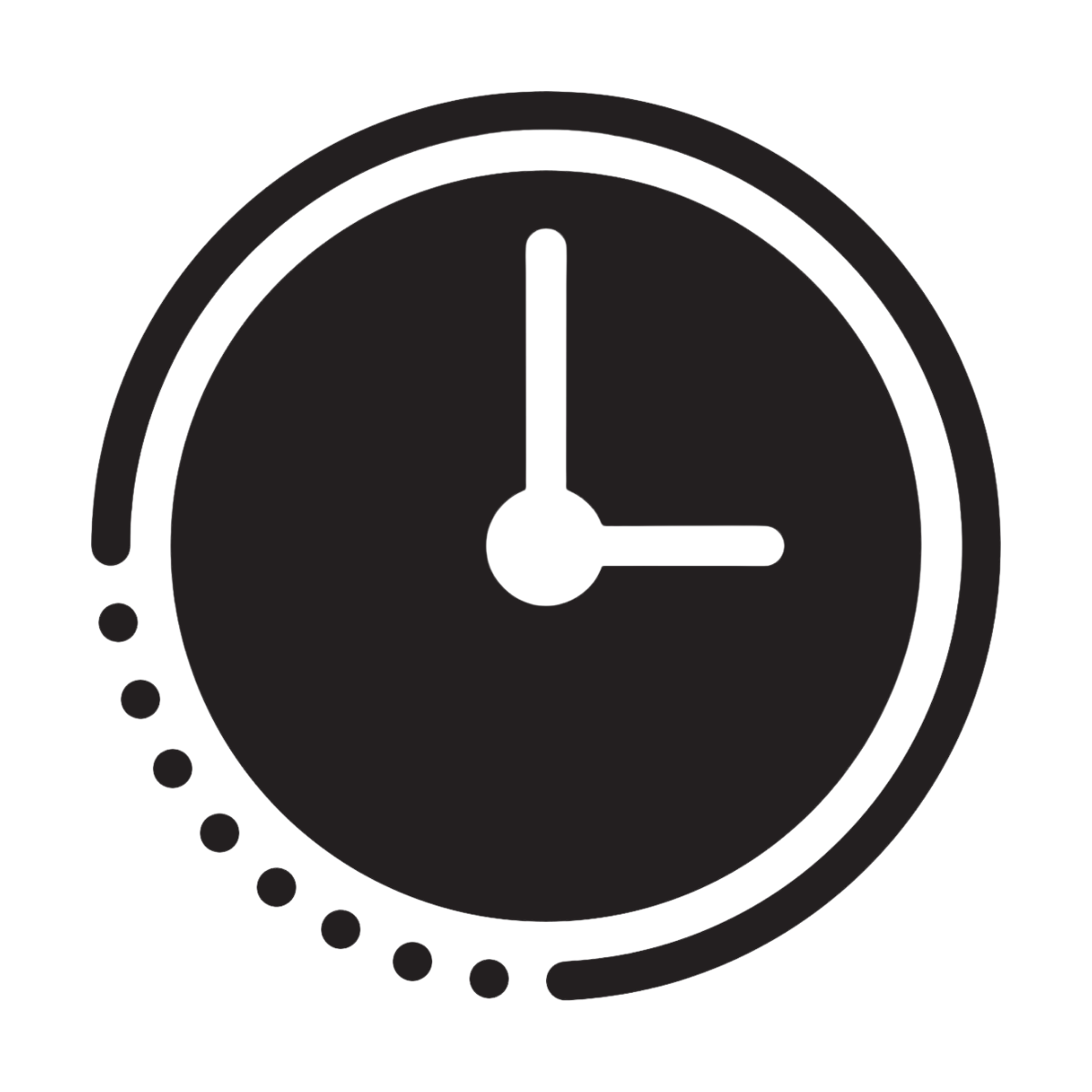 Clock icon with hands at 12 and 3 and a dotted circular progress ring around the edge, indicating time or loading