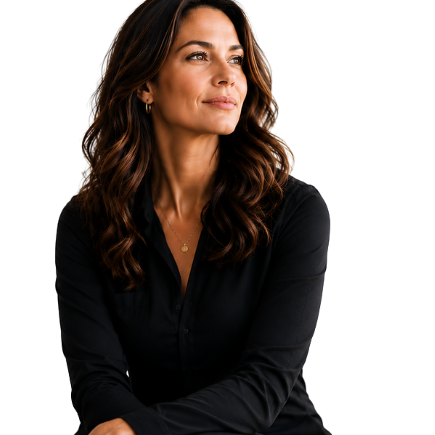 Woman with wavy brown hair wearing a black button-up shirt, looking to the right with a calm expression.